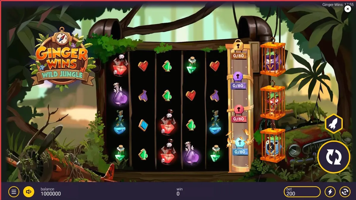 Tampilan visual permainan slot Ginger Wins Wild Jungle dengan latar belakang hutan tropis