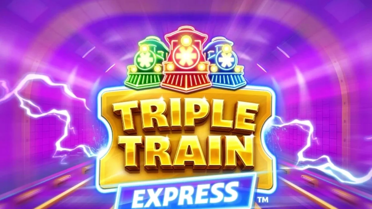 Tampilan visual futuristik slot Triple Train Express dengan kereta neon