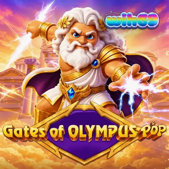 Tampilan visual slot Gates of Olympus POP dengan grid 3x5 dan elemen Dewa Zeus