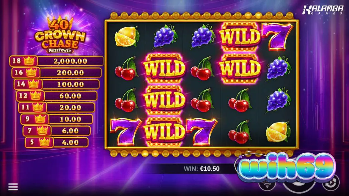 Tampilan visual slot 40 Crown Chase PrizeTower dengan simbol mahkota dan buah-buahan.